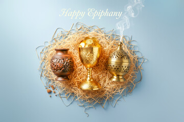 Three Kings Day Card With Epiphany Gifts With Gold Frankincense And Myrrh In Decorative Vessels On Straw Nest. Ideal For Religious Celebrations Seasonal Design And Traditional Holiday Visuals