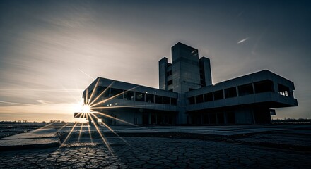 Obraz premium Abandoned Concrete Building at Sunset with Sunburst Effect.