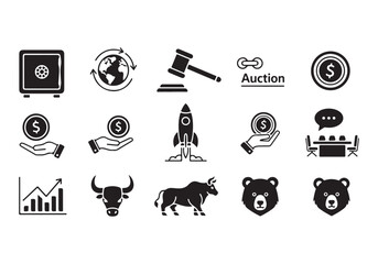 Bank and finance icon set. Business and corporation vector signs. Contain symbol of safe, global market, auction, crowd funding, start up, meeting, stock, bull and bear.