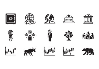 Bank and finance icon set. Business and corporation vector signs. Contain symbol of safe, global market, auction, crowd funding, start up, meeting, stock, bull and bear.