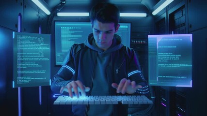 Young male programmer typing code for a new software. Computer developer working in server room. Futuristic data center for IT business. - Powered by Adobe