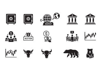 Bank and finance icon set. Business and corporation vector signs. Contain symbol of safe, global market, auction, crowd funding, start up, meeting, stock, bull and bear.