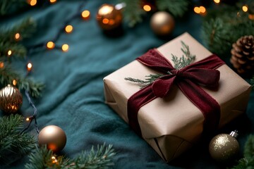 Holiday kraft-wrapped gift with dark red ribbon on deep green surface.