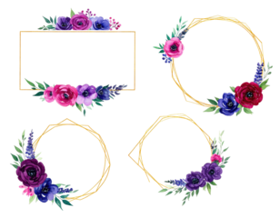 Four ornamental frames, gold-lined, paired with vibrant floral arrangements on a transparent background