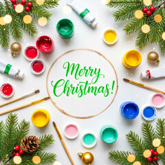 Creative Christmas Art Greeting Card With Paints Brushes And Festive Pine Branches On White Tabletop. Perfect For DIY Holiday Cards Winter Crafts And Handmade Seasonal Visuals