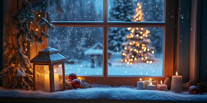 View through a romantic decorated window with lantern and candlelight to a romantically lit Christmas tree in the snow - Powered by Adobe