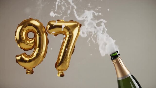 Number 97 balloon with popping champagne bottle. Celebrating a milestone, anniversary or birthday
