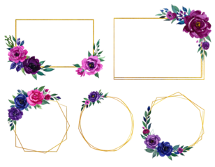 Collection of golden geometric frames adorned with colorful floral arrangements, elegant