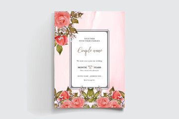 WEDDING INVITATION FRAME WITH FLOWER DECORATIONS AND FRESH LEAVES