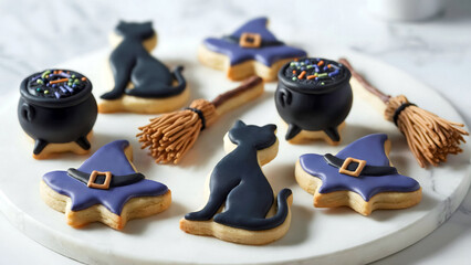 Decorated Halloween sugar cookies featuring black cats witch hats and cauldrons on marble