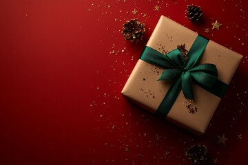 Realistic Christmas scene with kraft gift with emerald ribbon.