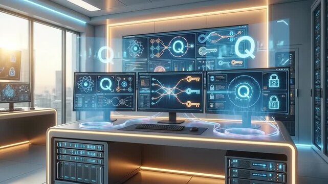 Futuristic control room displaying quantum network interfaces evolving from initial setup to complex data flows and secure ai managed cloud connections in a modern tech environment video footage