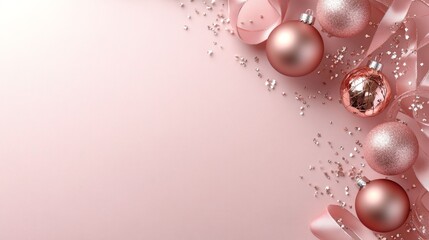 Pink gold 3D Christmas ornaments, shiny confetti corner frame background.