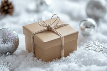 Christmas eco background with a kraft paper gift box resting on the snow.