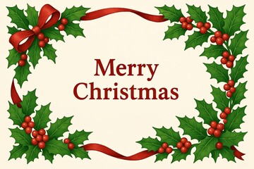 Merry Christmas Holly and Ribbon Frame