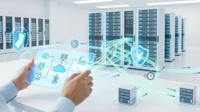 Hands managing holographic cloud network interface in data center. Visualizing secure connections and data flow. Ai driven big data management for iot infrastructure. video footage video footage