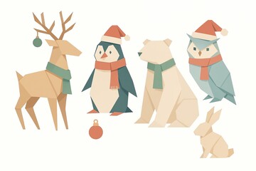 Geometric Christmas Animals Collection with Santa Hats