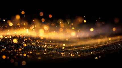 wave of luminous golden particles, glitter, and sparkling bokeh on a deep black field, perfect for christmas, new year's eve, festive celebrations, elegance, awards, and glamour design overlays.