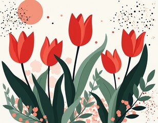 Red tulips and green leaves composition on white background. Abstract dots and circle shapes. Copy space for text. Minimalist spring floral design.