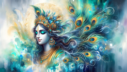 watercolor art of lord krishna with peacock feather