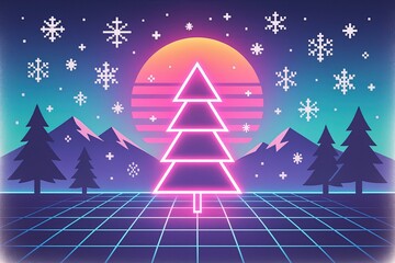 Neon Christmas Tree in a Retro-Futuristic Winter Landscape