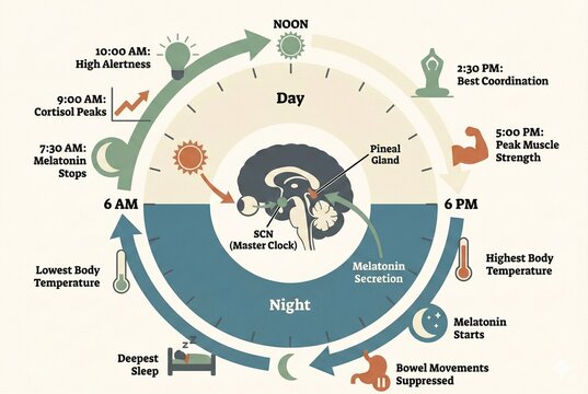 Infographic showing 24-hour circadian rhythm cycle with brain, clock, daylight and nighttime phases illustrating sleep, hormone, and body temperature patterns.