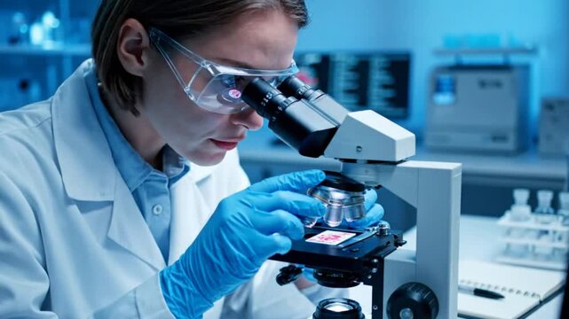 Focused scientist examines slide under microscope in laboratory environment, researching specimens for medical analysis