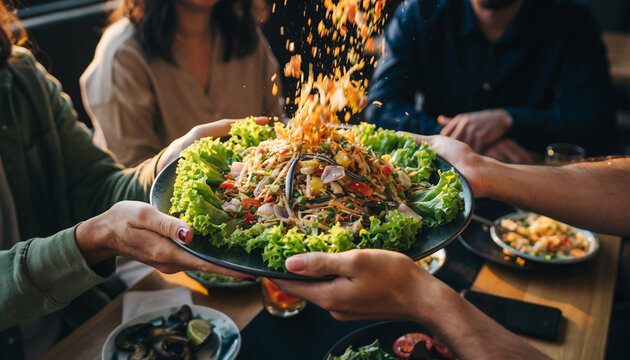 Lunar New Year People enjoying &ldquo;lo hei&rdquo; or &ldquo;yu sheng,&rdquo; a traditional shredded raw fish salad tossed with vegetables to symbolize prosperity and good fortune, often shared among coworkers during 