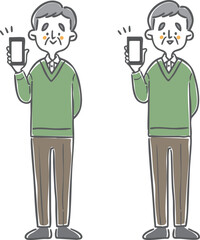 スマホを持つシニア男性　全身　ベクター