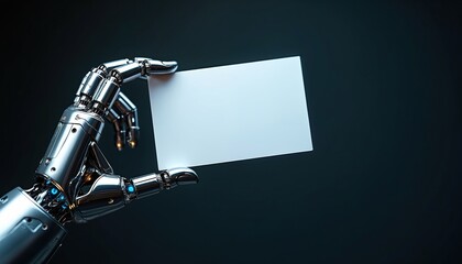 Metallic robotic hand presents blank white card against dark background. Sleek design highlights futuristic technology, automation potential. Ideal for innovation digital concepts business