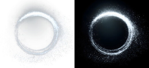 Glowing circular dust ring with sparkling particles isolated on black background as a transparent overlay effect