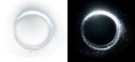 Glowing circular dust ring with sparkling particles isolated on black background as a transparent overlay effect