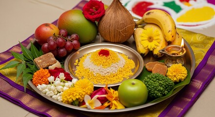 Indian festival offering tray with fruits and flowers