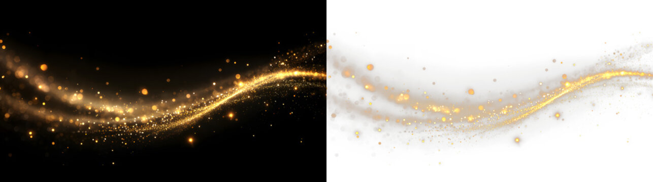 golden wave light particles, gold line in overlay on transparent PNG background, starburst, sparkling background, Golden light wave with glowing particle 