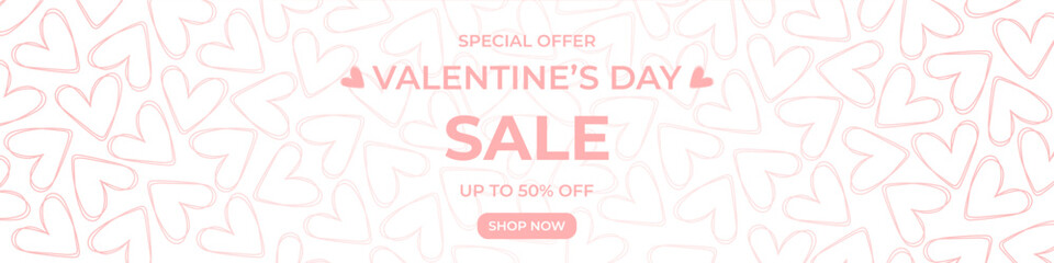 Promotional Valentines Day sale banner with soft outline hearts and modern typography. Ideal for websites, e-commerce, ads, discount campaigns, newsletters, and online marketing
