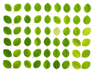 Arrangement of many green leaves with yellow borders on a black background