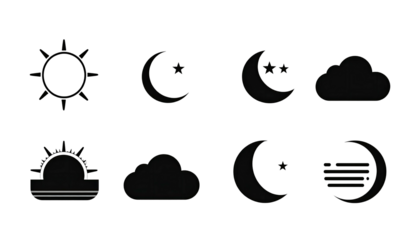 Weather icons displayed on a black background, representing sun, moon phases, and clouds