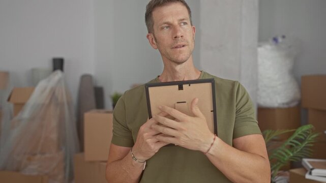Man holds framed photo to chest amid moving boxes in building, hugging the frame with both hands; memory nostalgia.