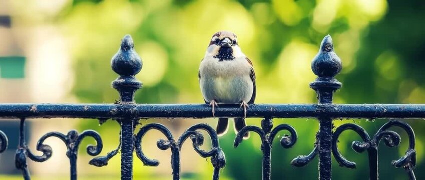 A beautiful male house sparrow perched on a dark wrought iron fence railing against a vibrant green bokeh background