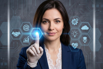 woman pressing social network icon