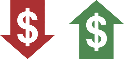 Money direction symbols featuring high or low cost icons, dollar signs and dynamic arrows, suitable for pricing charts, budget presentations, economic dashboards and commercial design themes.