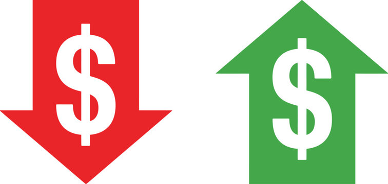 Money increase and decrease icons.  showing dollar signs with rising or falling arrows, perfect for illustrating profit changes, sale price adjustments, financial trends and economic data visuals.