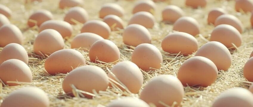 Numerous light brown chicken eggs resting on a bed of dry golden straw under natural light