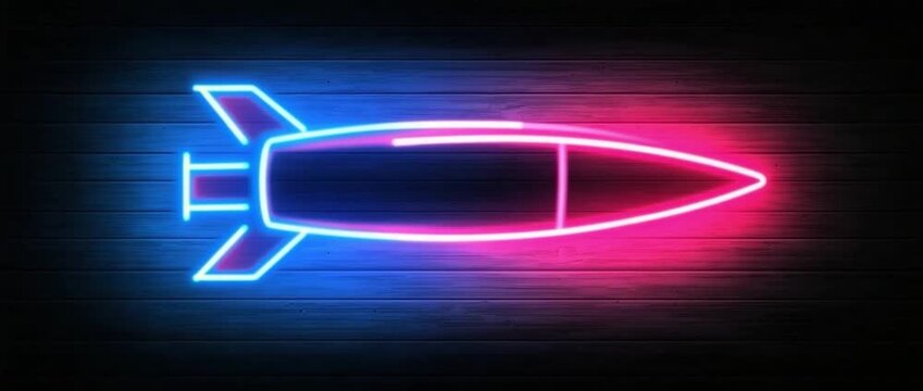 Glowing neon rocket silhouette with pink and blue light on dark wooden plank background