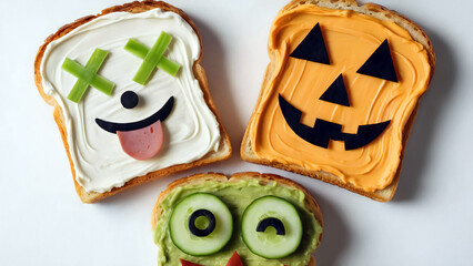 Spooky Halloween toast art for kids' fun breakfast or party snacks with jack-o'-lantern and monster faces