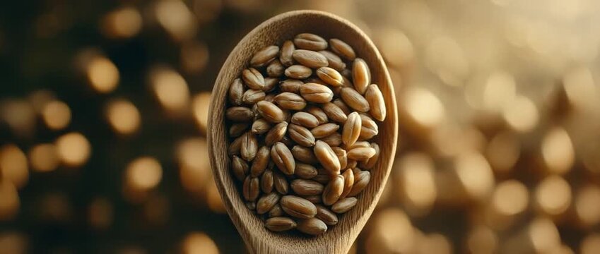 Close up view of whole wheat grains filling a wooden spoon against a warm blurred background