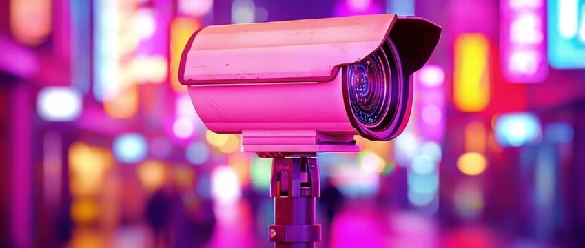 Close up of a security camera mounted against a vibrant neon lit out of focus city street background
