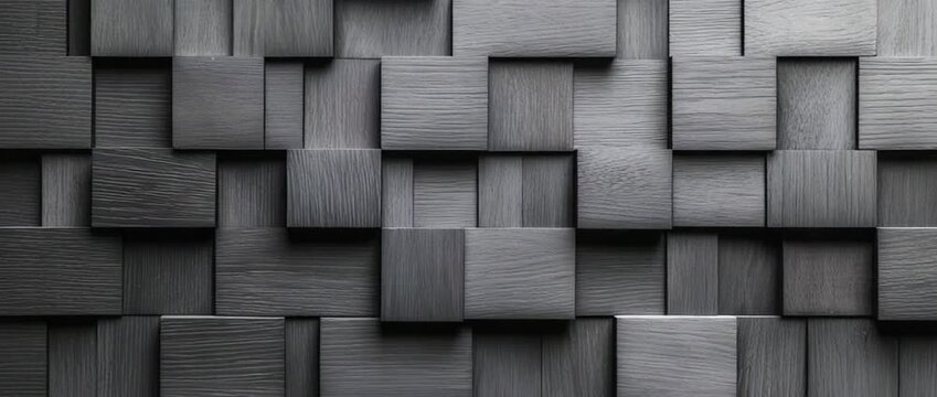 Dark gray three dimensional wooden squares creating an abstract textured geometric background pattern