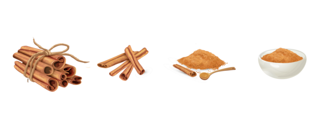 Cinnamon Spice Variety: A diverse presentation of cinnamon, ranging from bundles of whole sticks to finely ground powder in a bowl, capturing the essence of aromatic spice.