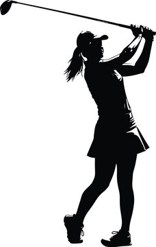 Silhouette of a female golfer performing a powerful backswing with flowing hair and raised club on a clean white background